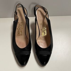 Salvatore Ferragamo Black Sling Back Ribbon Cap Toe Heels 6.5
